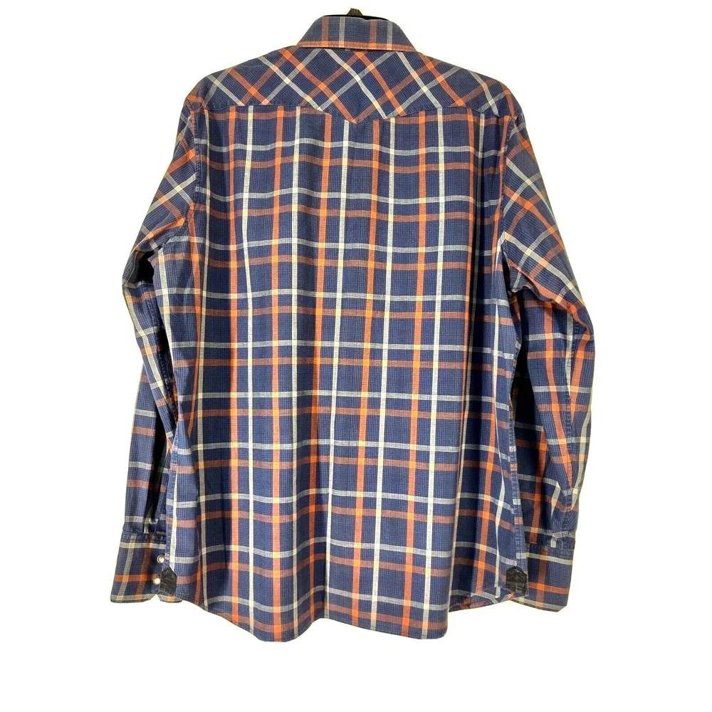 Banana Republic Shirt Mens M Western Pearl Snap Plaid Blue Orange Weekend Casual